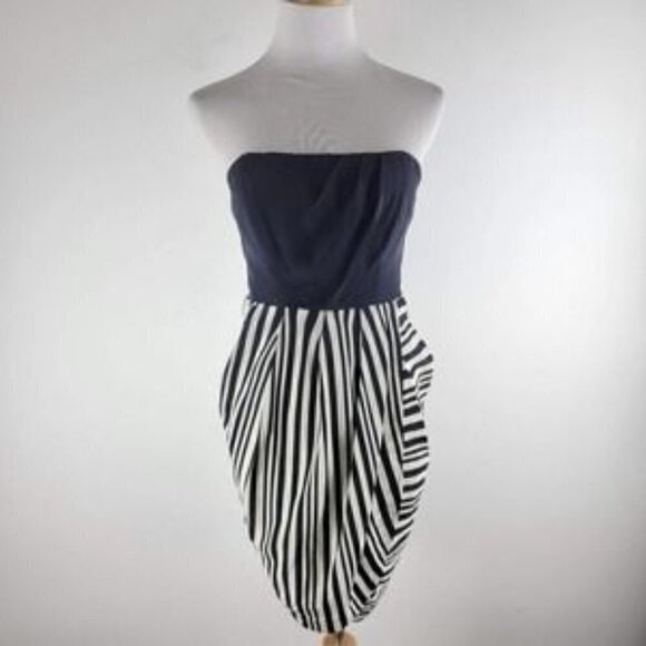 Shoshanna Strapless Draped Tulip Striped Black/White Mini Cocktail Dress Size 6 - Picture 4 of 12